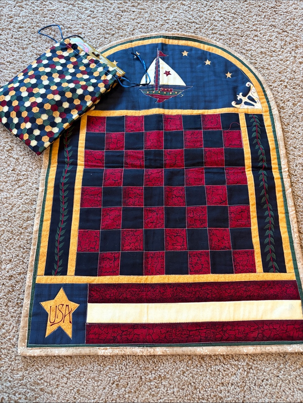 Homemade Fabric Checkerboard and Storage Bag with New in pkg Checkers Americana